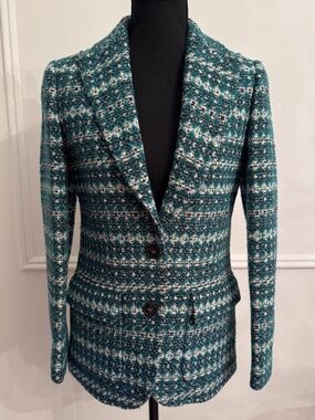 J.Crew Nalya Italian Jacquard Blazer 00 Green Tweed Boyfriend Peak Lapel NWT